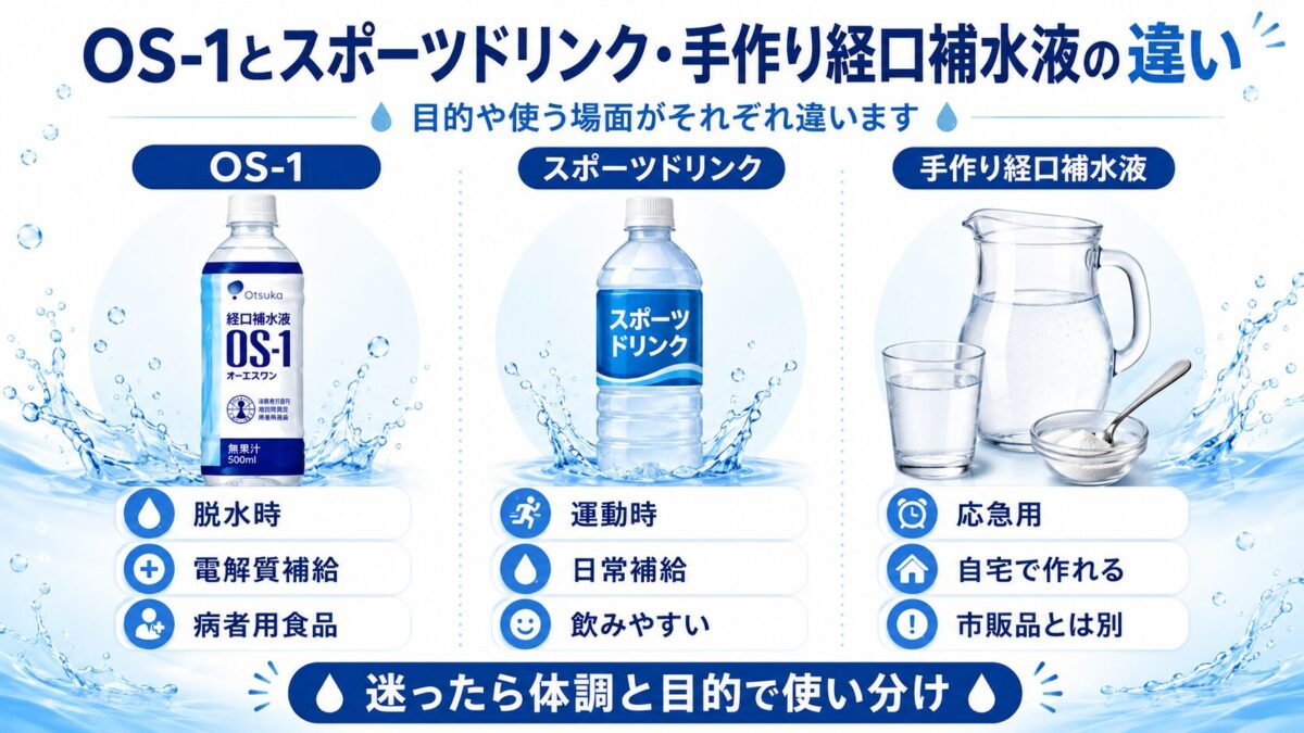 OS-1とスポーツドリンク・手作り経口補水液の違いも知っておきましょう