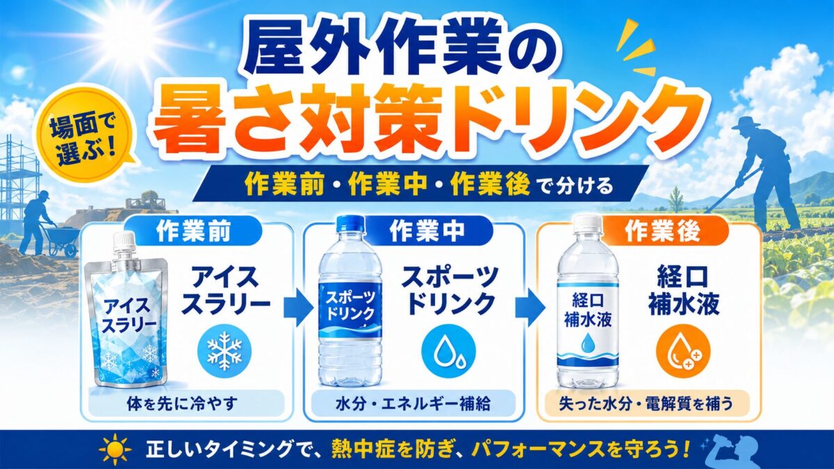 屋外作業の暑さ対策ドリンクは「作業前・作業中・作業後」で分ける