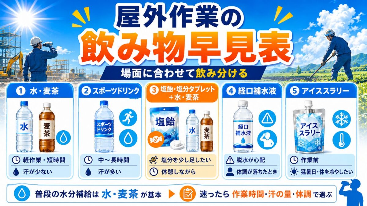 屋外作業の飲み物早見表