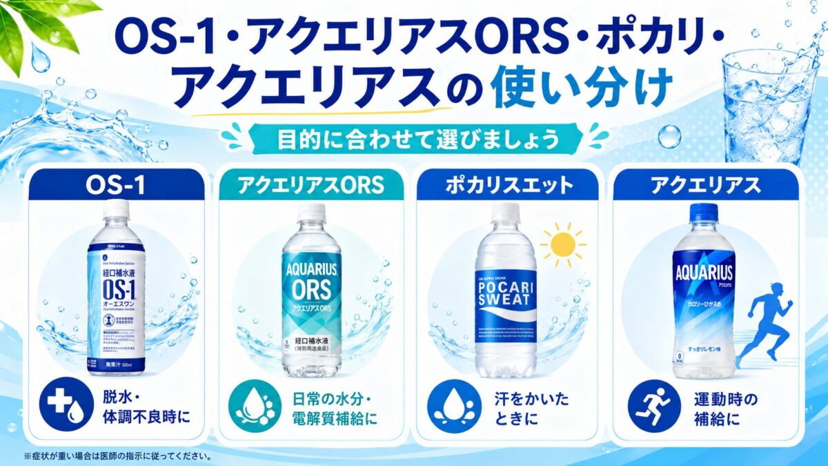 OS-1・アクエリアスORS・ポカリ・アクエリアスの使い分け