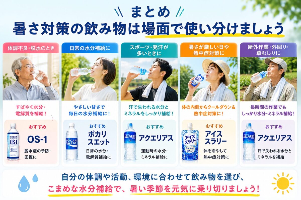 まとめ|暑さ対策の飲み物は場面で使い分ける