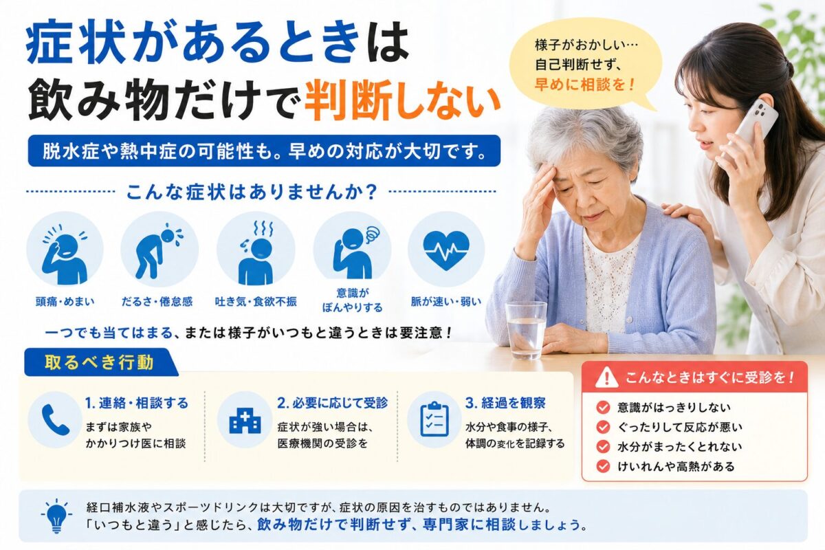 症状があるときは飲み物だけで判断しない