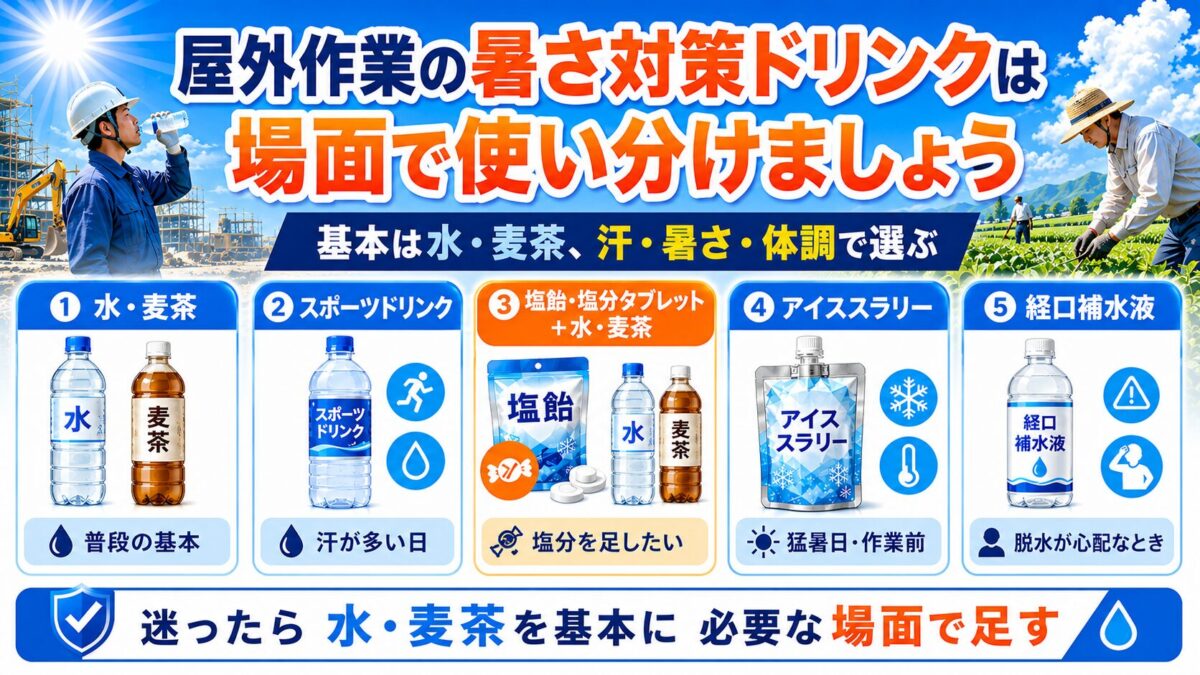 屋外作業の暑さ対策ドリンクは場面で使い分けましょう