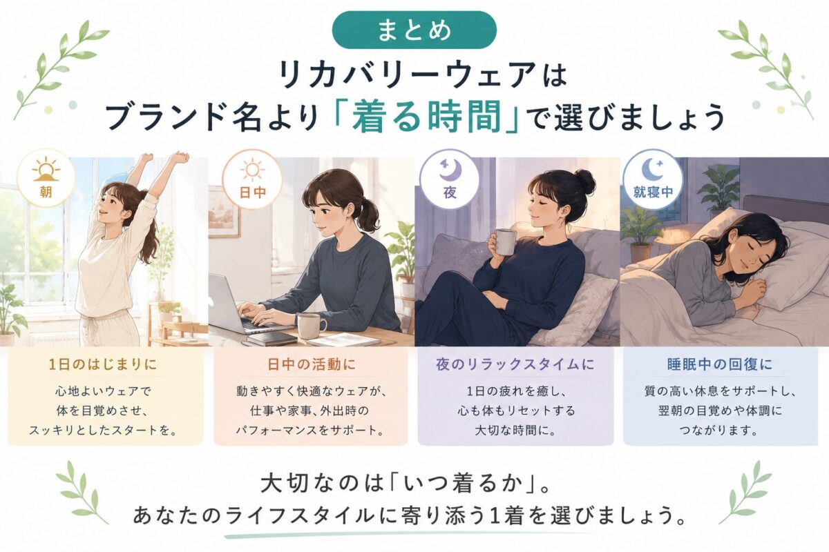まとめ｜リカバリーウェアはブランド名より「着る時間」で選ぼう