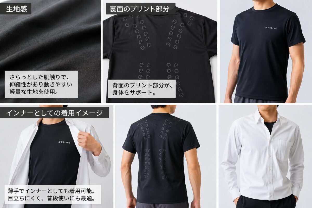 リライブシャツの生地感・裏面のプリント部分・インナーとしての着用イメージなど