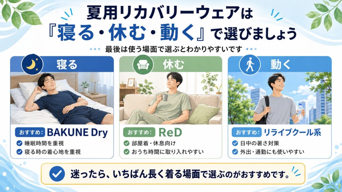 夏用リカバリーウェアは「寝る・休む・動く」で選ぶ