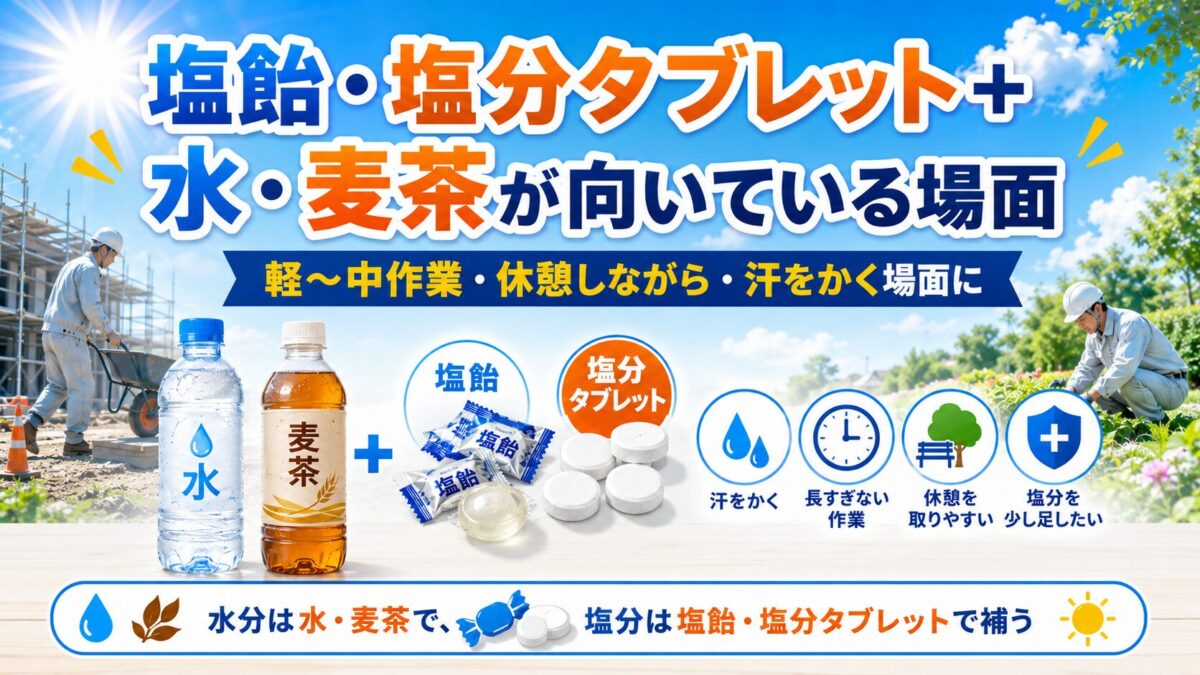 塩飴・塩分タブレット＋水・麦茶が向いている場面