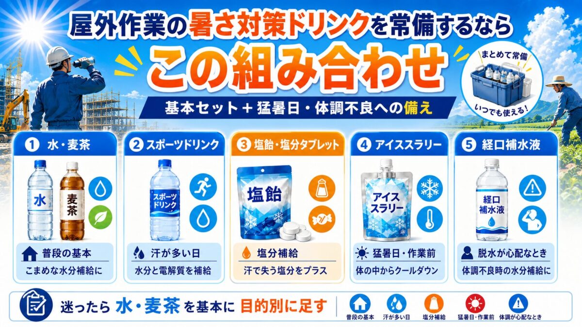 屋外作業の暑さ対策ドリンクを常備するならこの組み合わせ