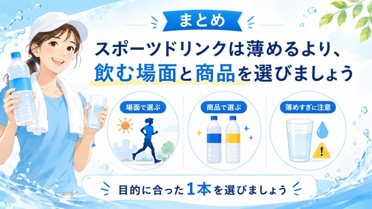 まとめ｜スポーツドリンクは薄めるより、飲む場面と商品を選びましょう